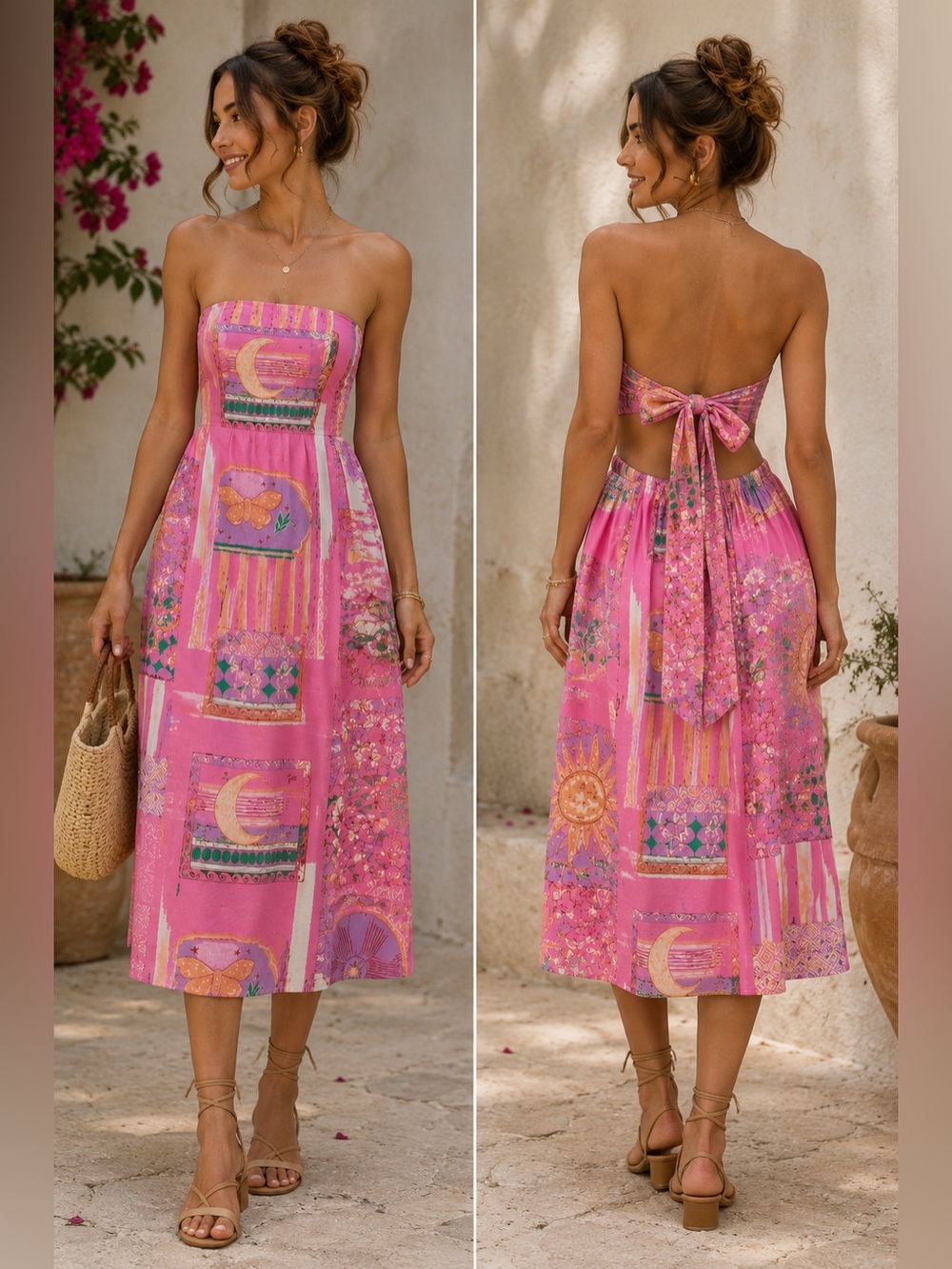 Midnight Sky Pink Celestial Strapless Tie Back Maxi Dress L